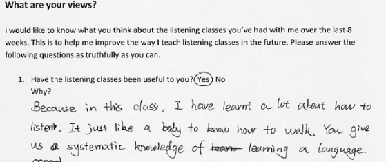 I had the ss fill in a feedback form at the end of the class - 4 questions, no numbers, to encourage reflection  (for them) and to gain an insight into their thoughts (for me). 